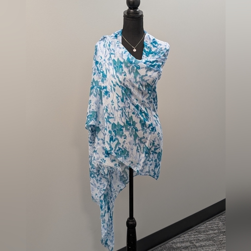 Nordstrom Teal and White Soft Floral Oversized Scarf with Fringe